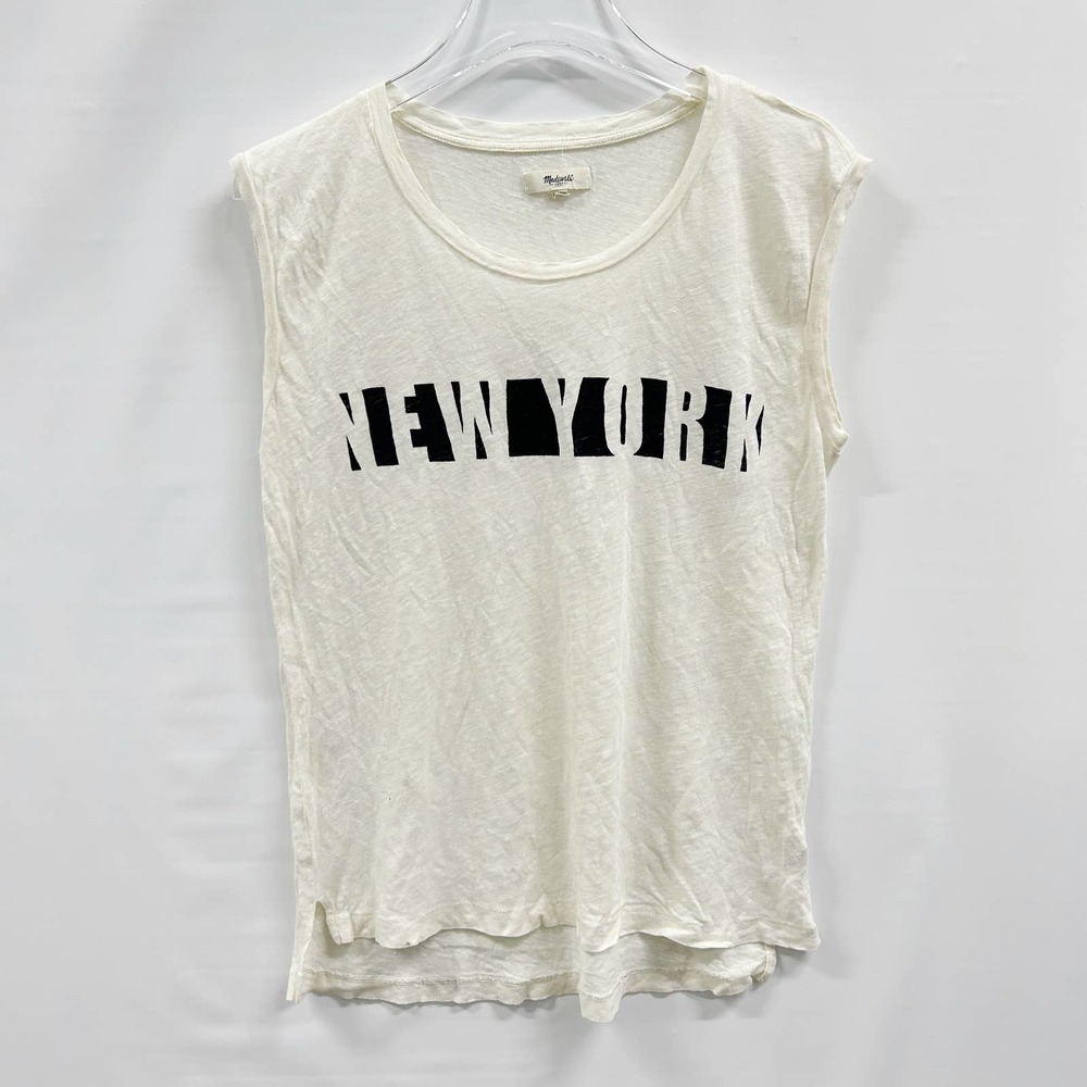 Madewell Womens Linen Round Neck Sleeveless NY Muscle Tee Tank Top White Medium